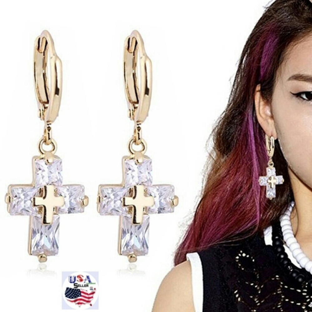 18K Gold Plated Luxury Cross CZ & Crystal Earrings